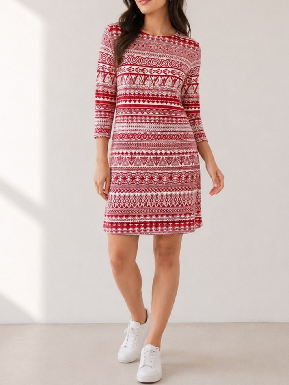 J. McLaughlin Sophia Pool Party Red Taupe Geo Print Catalina Jersey Dress